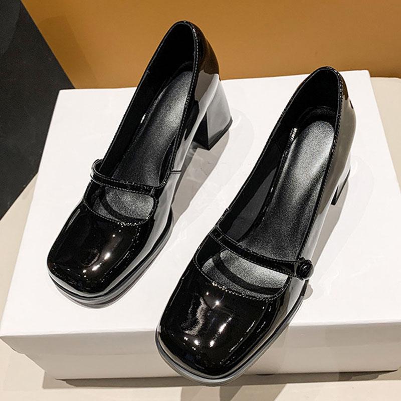 

Женские туфли Мэри Джейн в британском стиле в стиле ретро, универсальные туфли на высоком каблуке с квадратным носком, новинка 2024 года, весна-осень 39 чёрный