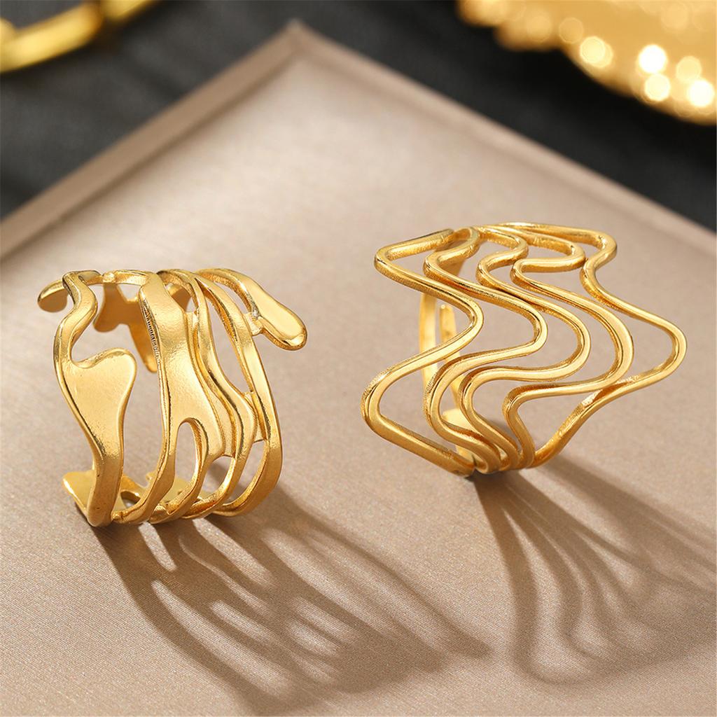 2PCS Unique Rings Fashion Rings Set Irregular Lava Shape Opening Rings Stainless Steel Texture Present for Men and Women
