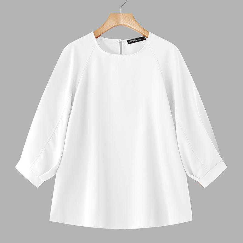 

ZANZEA Женская повседневная блузка с круглым вырезом, однотонная, свободного кроя, с длинным рукавом M белый