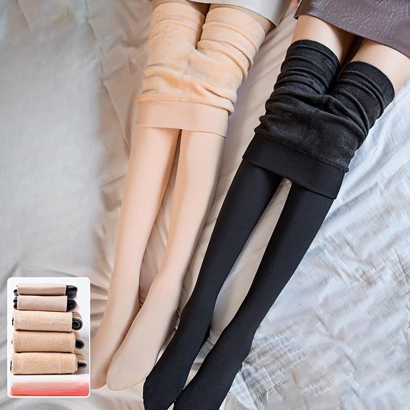 Women's Flesh Colored & Black Bare Leg Effect Pantyhose Autumn Winter Fleece Lined Thickened Warm Outer Wear Leggings