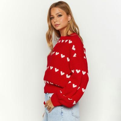 Damski sweter z okrągłym dekoltem i długim rękawem, wzór serca, dzianinowy top, luźny krój, prążkowane wykończenie, elastyczny sweter pulower do noszenia na co dzień