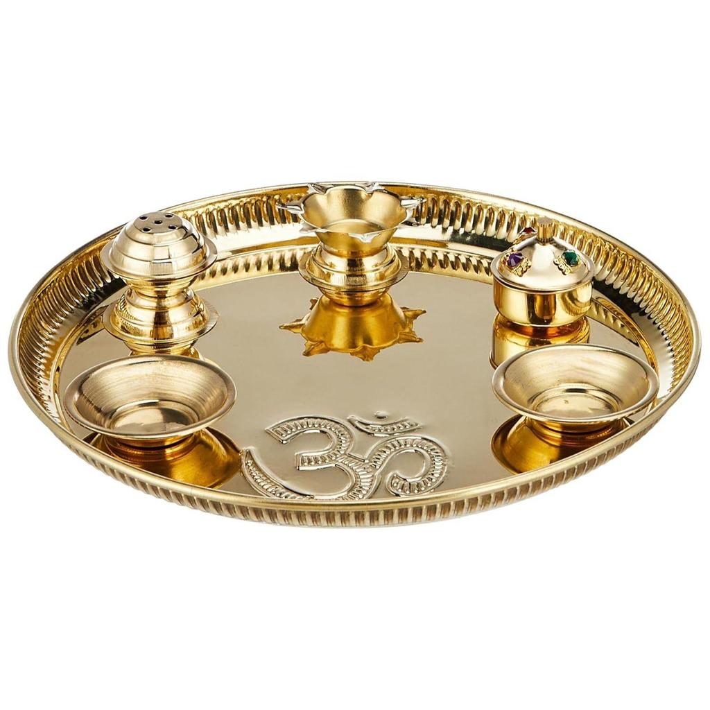 Brass Puja Thali with Accessories - Jyot, Bowls and Sindoor Box | Golden