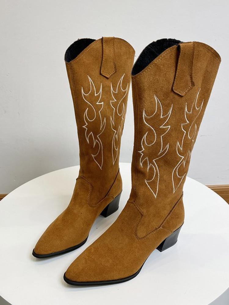 

Женские ковбойские сапоги в стиле вестерн, остроносые женские туфли с принтом, сапоги до середины голени, зимние сапоги на толстом каблуке, танкетки, рыцарские сапоги Feminina 43 светло-коричневого