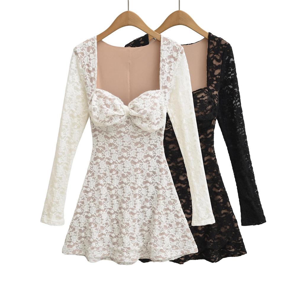 Elegantes, figurbetontes Spitzenkleid mit tiefem Ausschnitt und Brustpolstern für Damen – taillierte lange Ärmel, kurzer Rock für Herbst/Winter