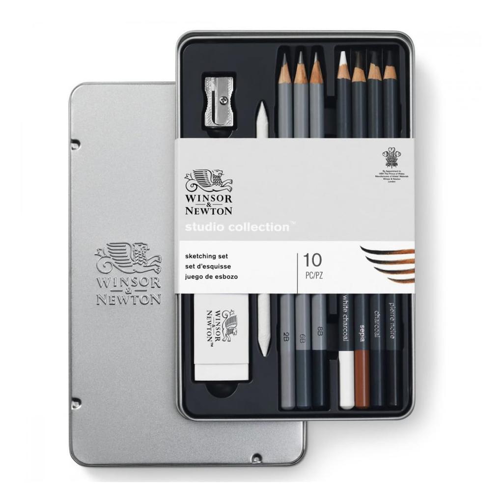 Winsor & Newton Studio Collection Sketching Set Artist Graphite & Charcoal Pencils (7 Pencils + 3 Extra Pencils) 490010