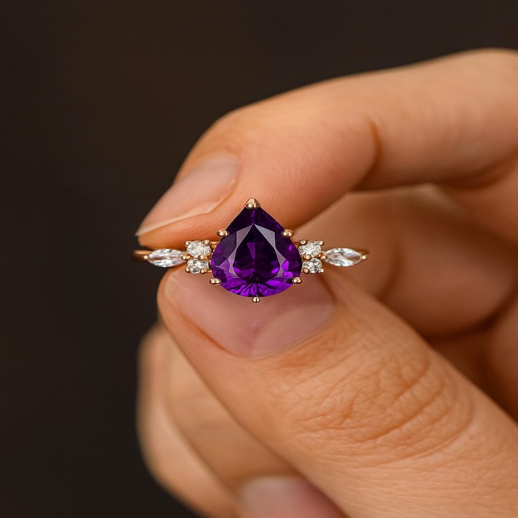 Pear Cut Amethyst Engagement Ring Rose Gold Plated | Purple Amethyst Cluster Ring | Vintage Marquise Moissanite | Dainty Promise Ring