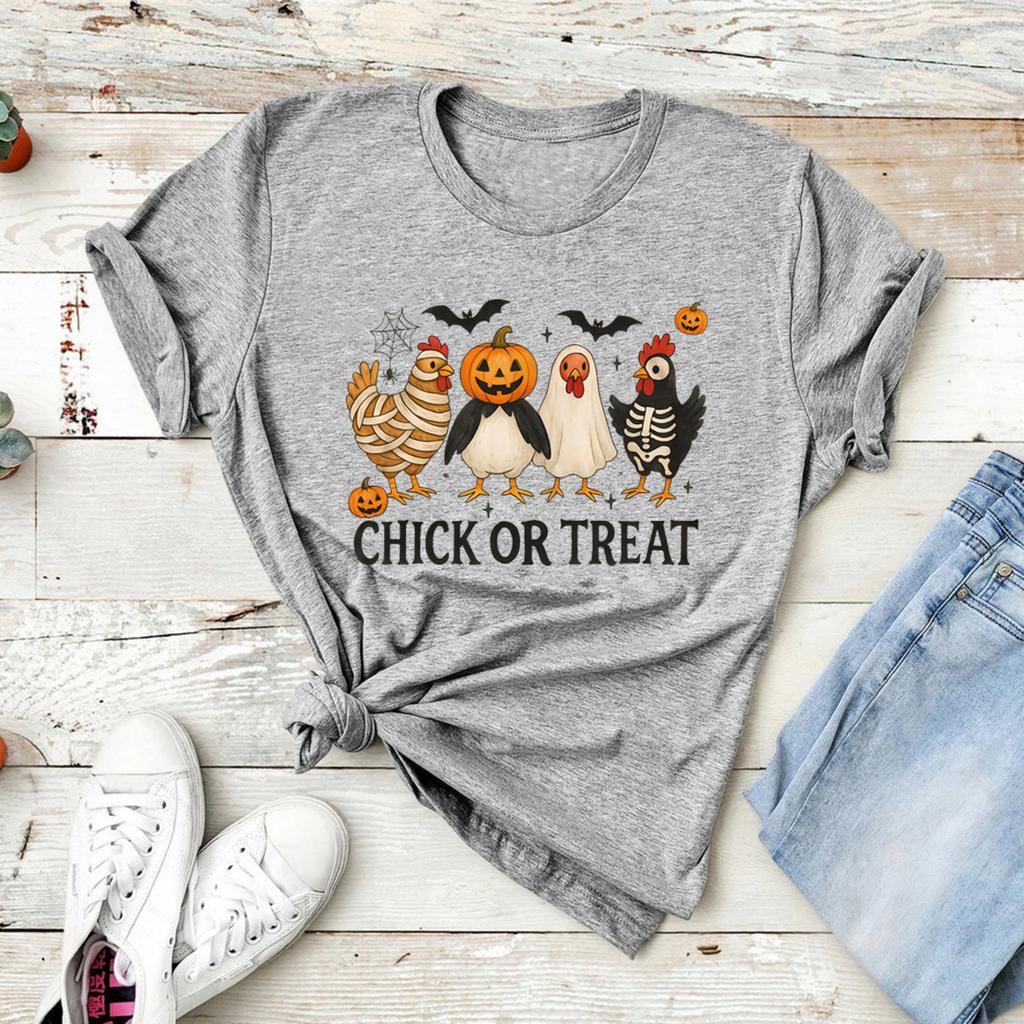Chick or Treat T-Shirt Spooky Chicken Halloween Tshirt Unisex Short Sleeve Graphic T Shirts Funny Halloween Chicken T-Shirts Top