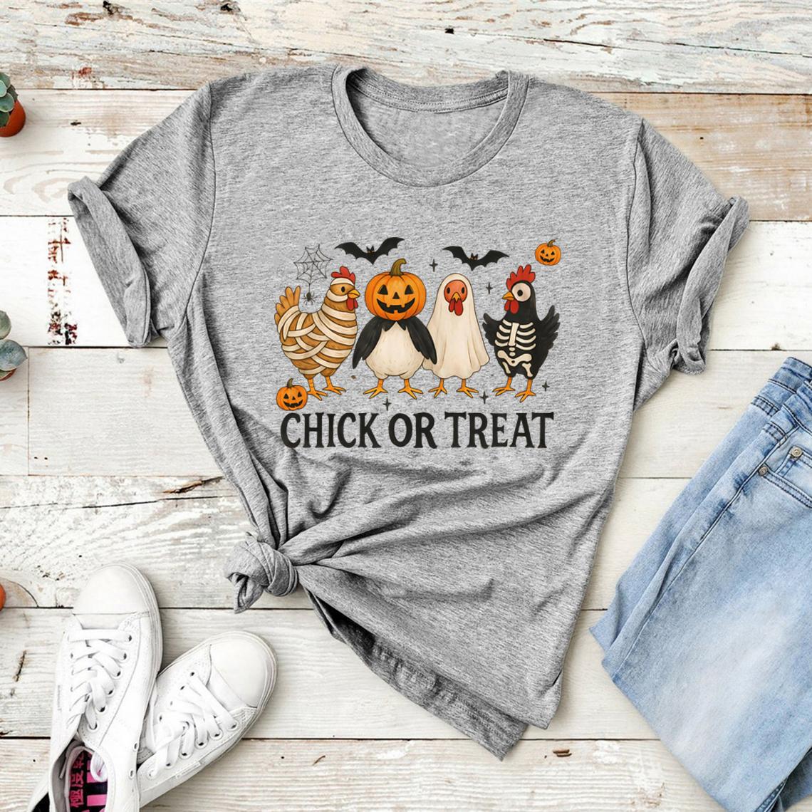 

Chick or Treat T-Shirt Spooky Chicken Halloween Tshirt Unisex Short Sleeve Graphic T Shirts Funny Halloween Chicken T-Shirts Top S сірий колір