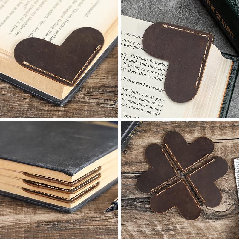 Handmade Heart-Shaped Retro Leather Bookmark – Personalized Creative Genuine Leather Page Holder.