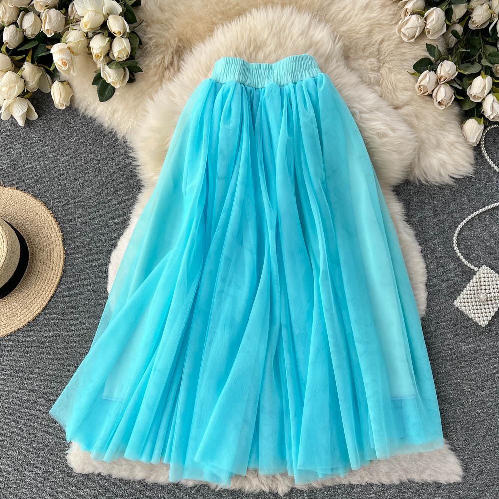 Spring And Summer Pure Color Mesh Pleated Skirt Medium Length Classic Loose And Thin Versatile High Waist Skirt
