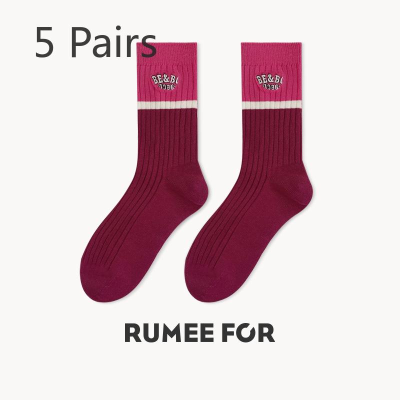 5 Pairs of Female Spring and Summer Personality Match Color Trend In The Tube Stack Socks