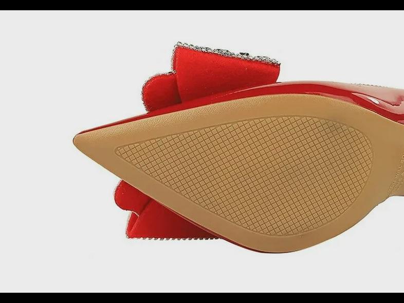 Spitze Stilettos im koreanischen Stil – Lackleder mit Strass-Schleifendesign