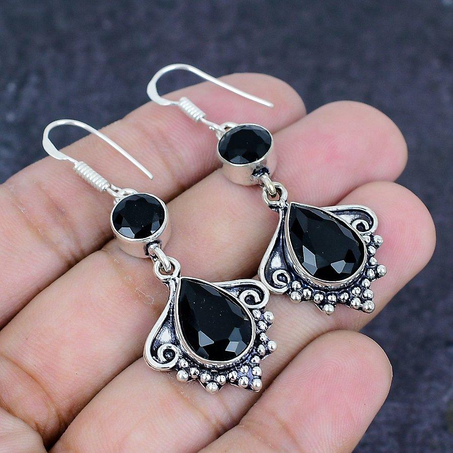 Black Spinel Gemstone 925 Sterling Silver Earring 2.17"