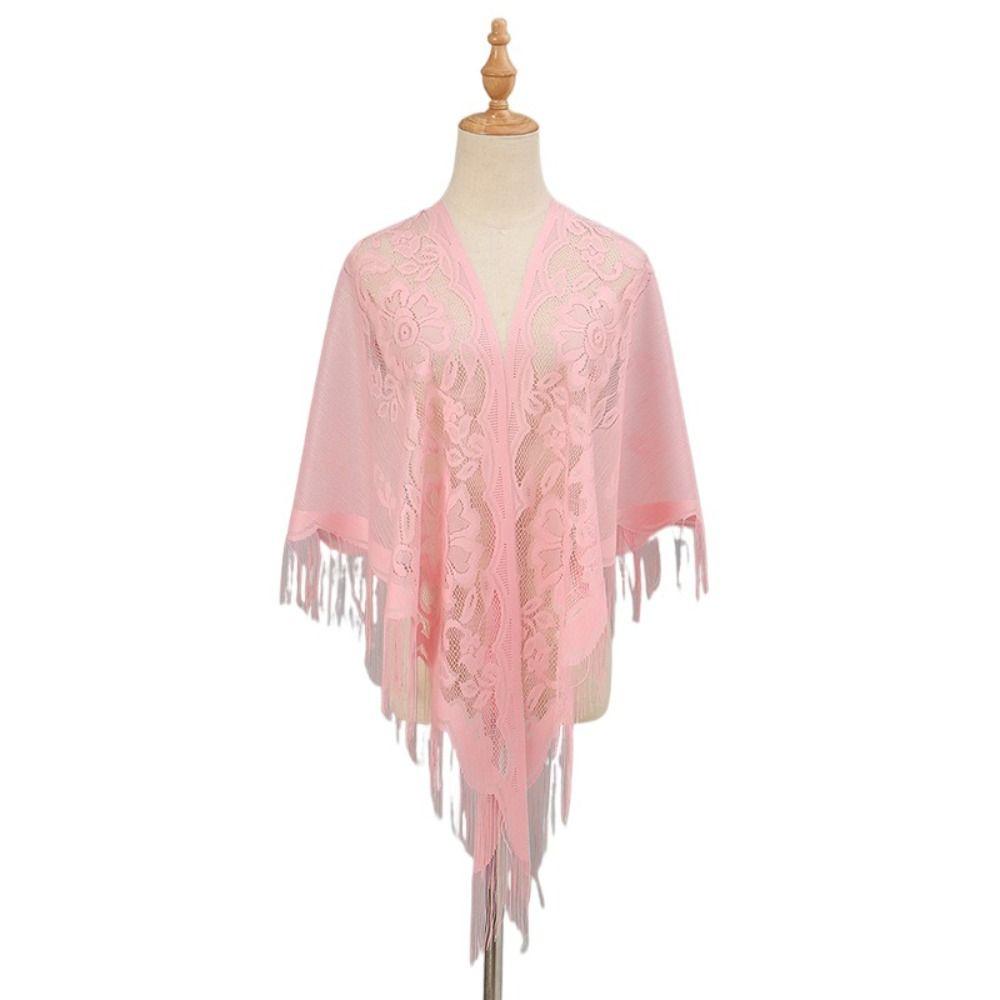 

Mesh Yarn Lace Flower Tassel Scarf Transparent Embroidery Flower Shawl Winter/Autumn/Spring/Summer рожевий