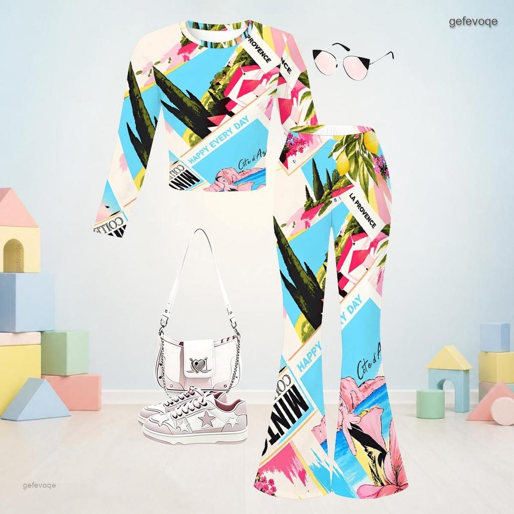 Girls Round Neck Long Sleeve Blue Pink Printed Flared Pants Two Piece Outfit