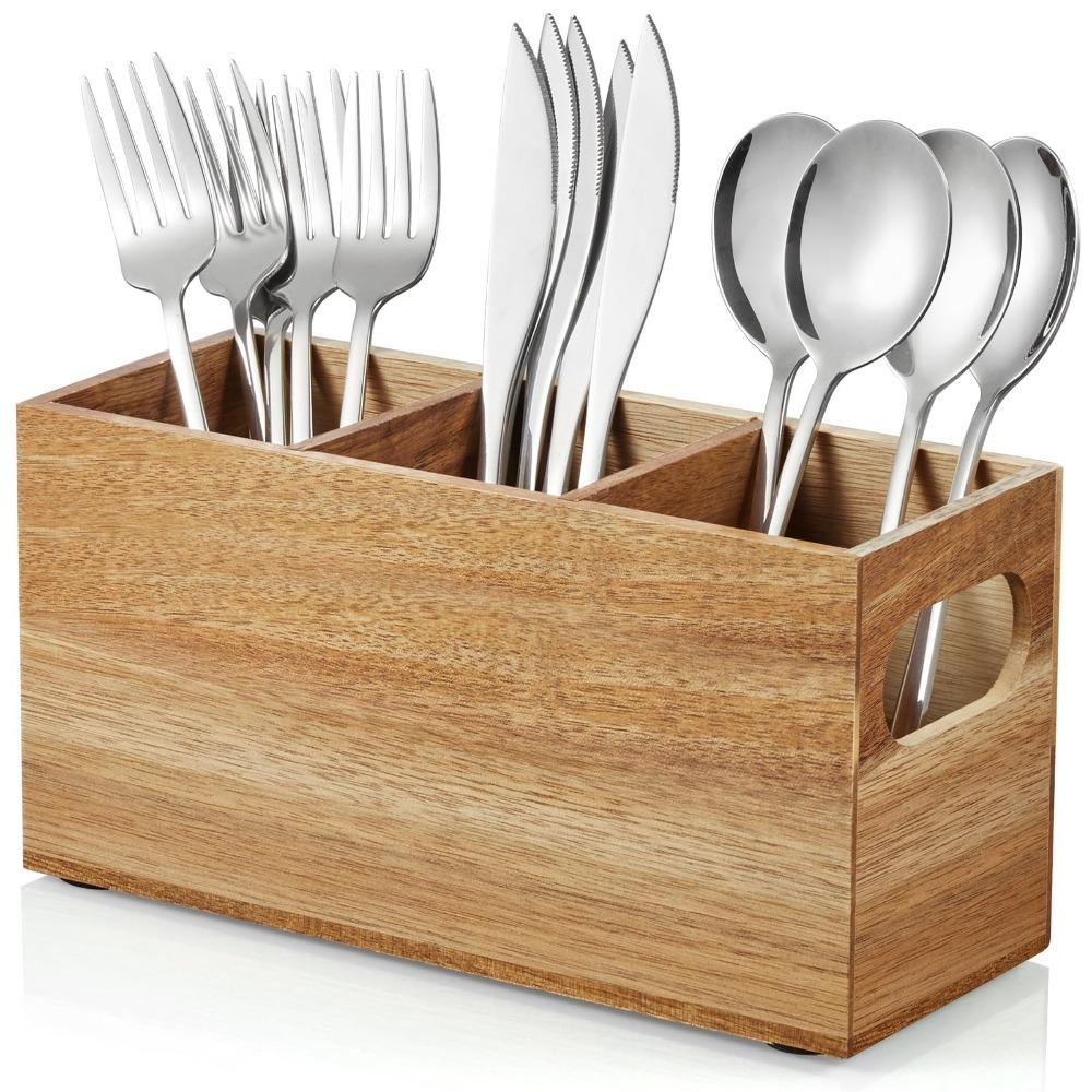 Wooden Silverware Holder Space Saving Storage Rack Portable Kitchen Utensil Holder  Restaurant