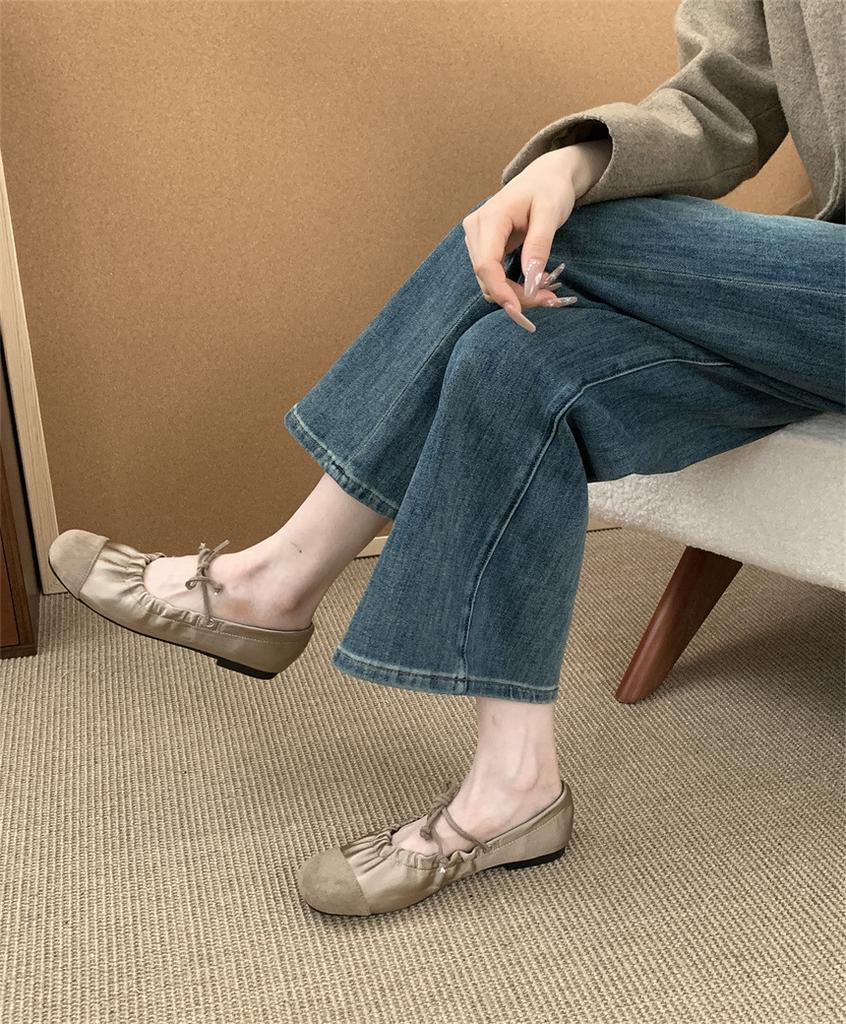 ~ Retro Pleated Lace-up Flat Mary Jane Shoes Shallow Mouth Single Shoes Women's Round Head One Pedal Ballet Shoes