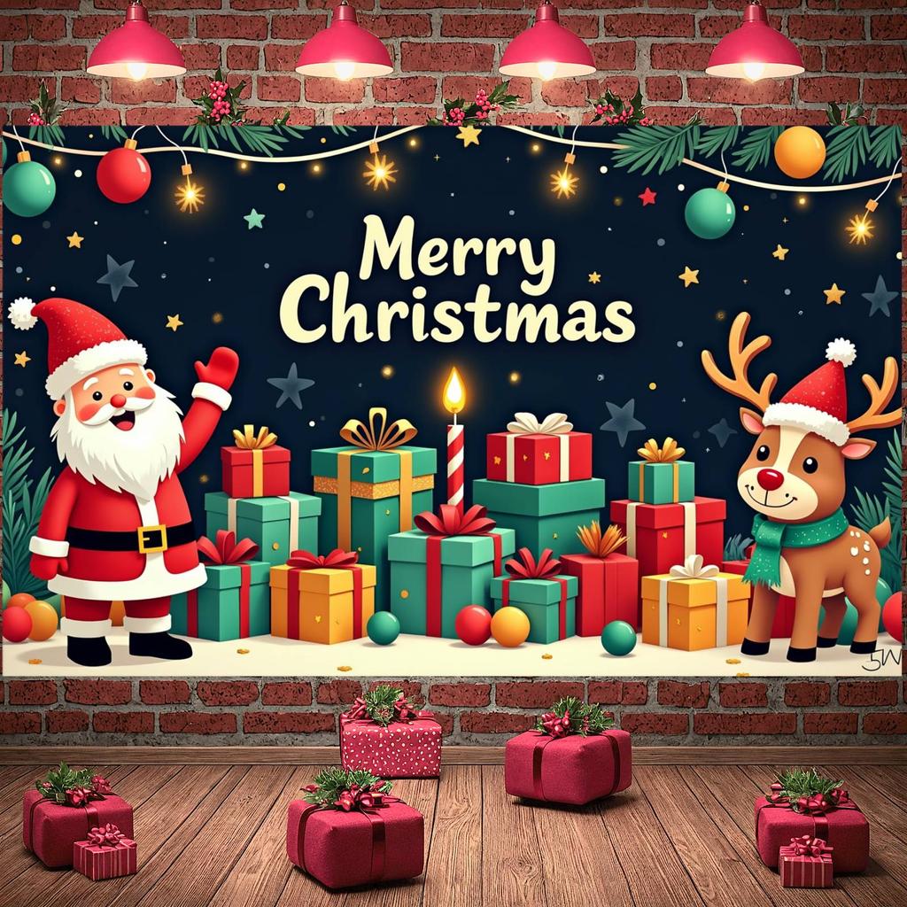 Holiday Celebration Background Candle Santa Background Merry Christmas Banner Reindeer Xmas Event Backdrop For Xmas Event Indoor