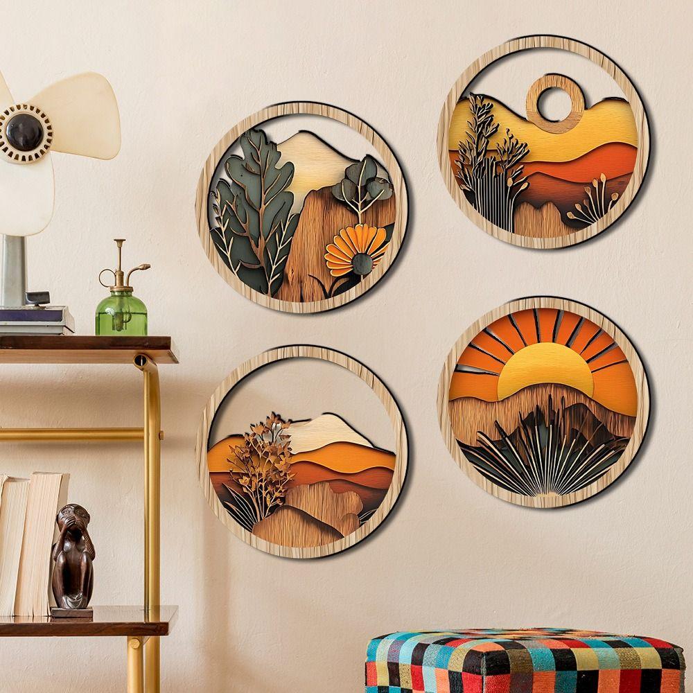4Pcs Wooden Frames Aesthetic Ornament Round Background Pendant  Bedroom