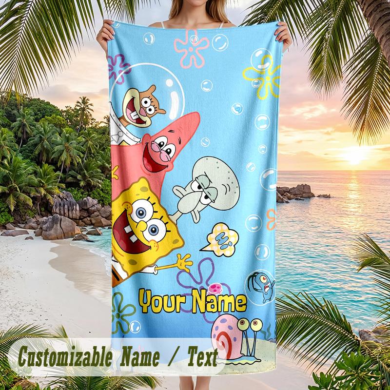 SpongeBob Beach Towel, Personalized Custom Text, Quick Dry Soft Large Towel For Swimming Pool Travel