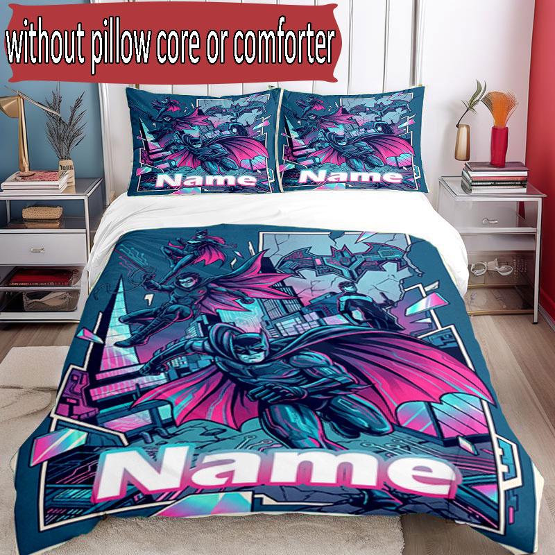 3pcs Duvet Cover Set (1*Duvet Cover + 2*Pillowcase, Without Core), Custom Name Batman Pattern Bedding Set, Home Bedroom Decor Gift