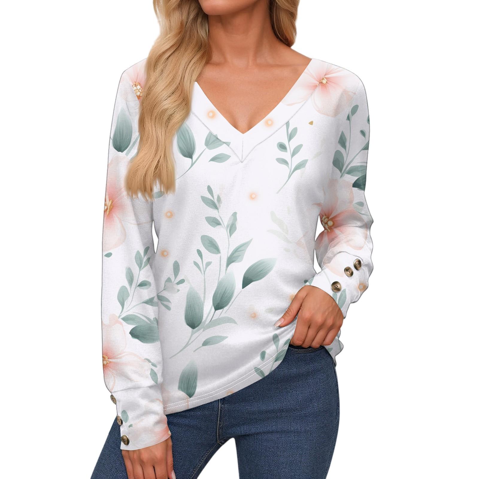 

Жіночі топи з довгими рукавами, манжетами на ґудзиках, сорочка на ґудзиках, повсякденна вільна футболка з V-подібним вирізом, квіткові топи XL