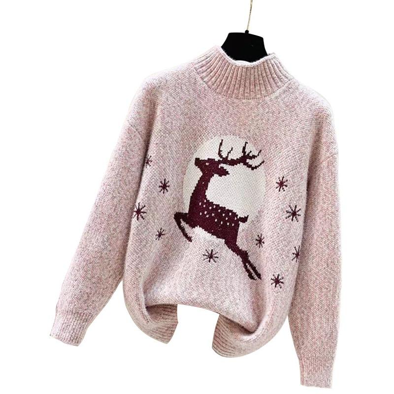 

autumn winter Christmas Knitted sweaters Long Sleeve loose Jumper Tops Women half turtleneck Ladies Casual Sweater Pullover y2k XL
