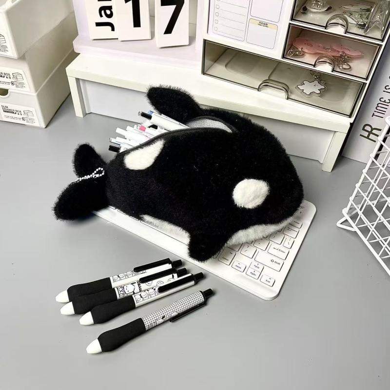 Husă de pluș drăguță cu desene animate balenă ucigașă, cu capacitate mare, pentru depozitarea articolelor de papetărie, penar amuzant pentru elevi, cadou