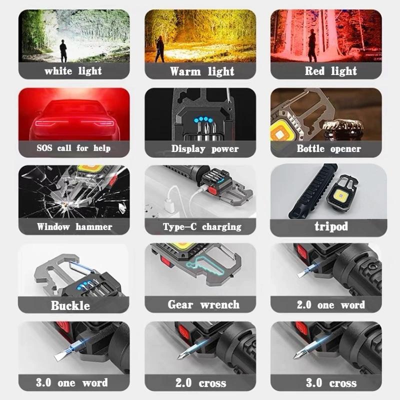 LED Mini Multifunctional Keychain Flashlight USB Rechargeable Portable Pocket EDC Torch Outdoor Emergency Search Camping Lantern