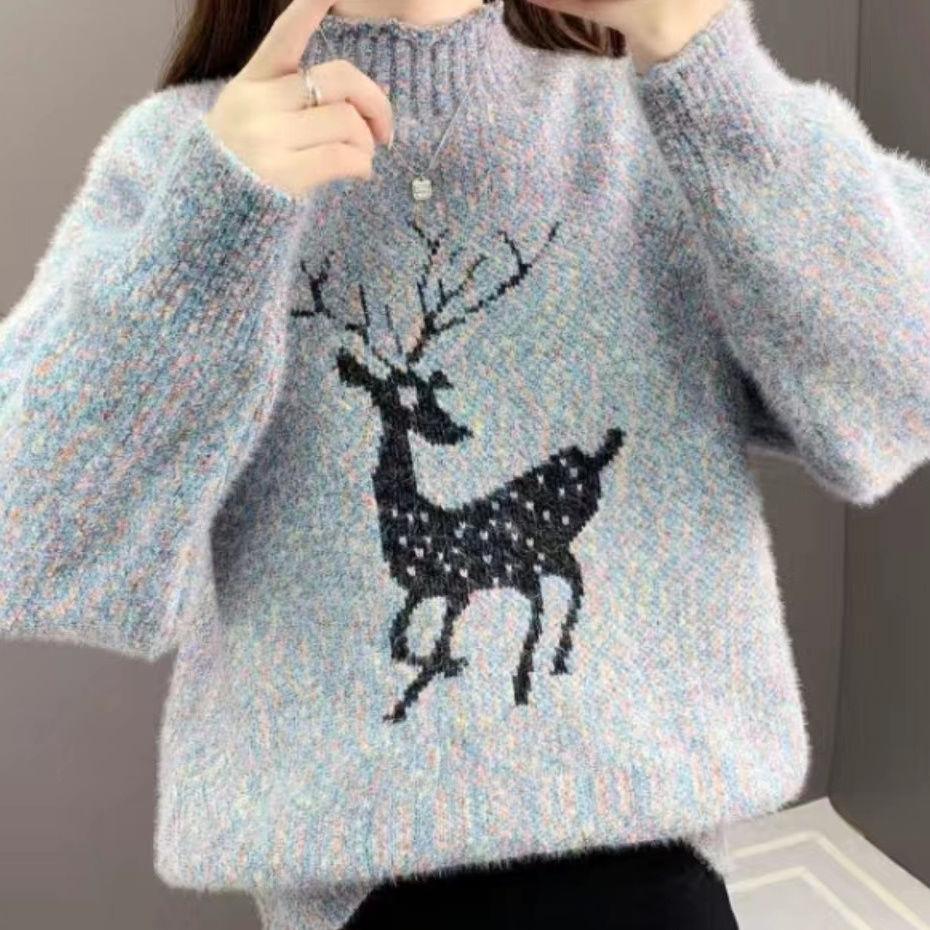 Женский рождественский свитер с полуводолазкой и принтом снежинок новогодний подарок S зелёный 2109₽