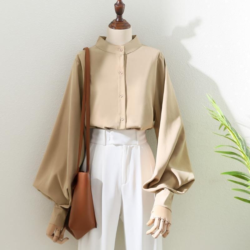 

Женские блузки в весенне-осеннем стиле, рубашка с длинным рукавом-фонариком и воротником-стойкой, свободные топы Blusas DF4847 M дубильная кора