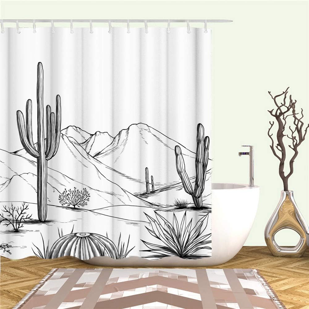 Western Shower Curtain Aztec Cactus Desert Shower Curtain Black White Bathroom Decoration With Hook Waterproof Fabric