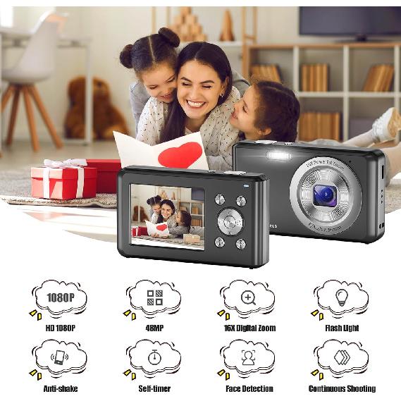 Digital Camera, HD 1080P Compact Camera with 32GB Memory Card, 48 Megapixel Camera, 2.4-inch LCD 16x Digital Zoom Digital Camera for Kids, Girls,