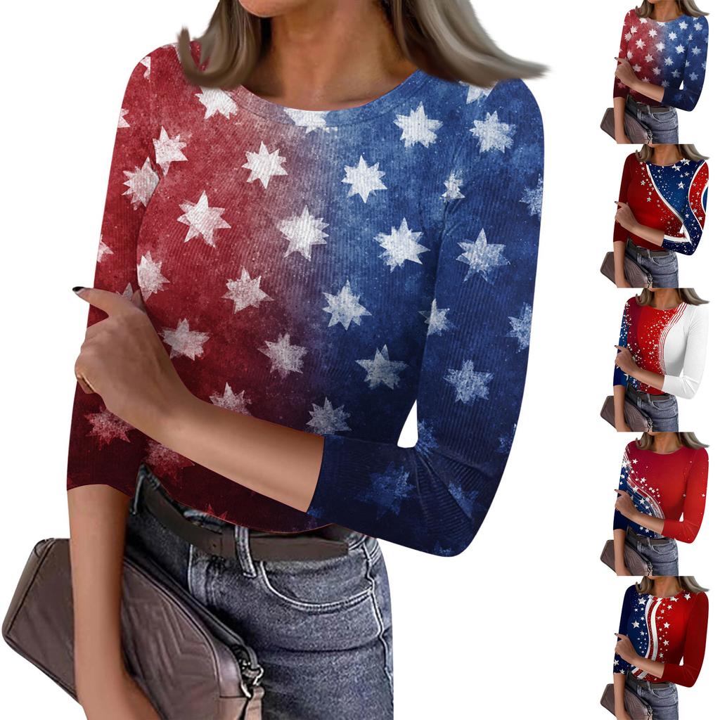 Women's Casual Fashion Round Neck Independence Day Print Three-Quarter Sleeve Ribbed Top