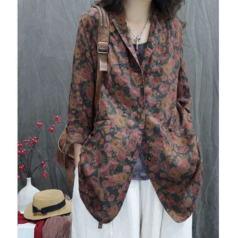 2026 New Women s Retro Print Cotton-Linen Long Sleeve Suit: Stylish, Casual, Versatile XL