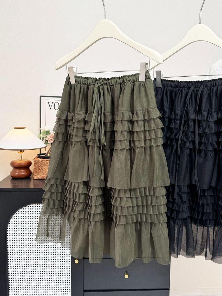 Korean Style Ruffle Mesh Layered Skirt - Women's Puffy Mid Skirt for Spring/Summer