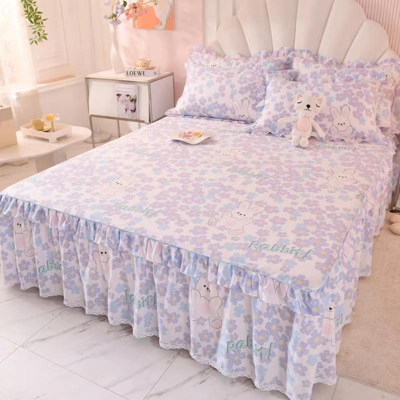 3pcs Sheet Set High Grade 100% Cotton Printed Bedspread King Queen Size Cute Pure Cotton Thick Bed Skirt with 2pcs Pillowcase