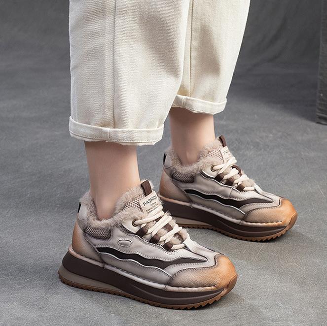 Fashion Genuine Leather Women Boots Lady Platform Flats Plush Warm Causal Autumn Winter Fashion Thick Bottom Sneakers Shoes
