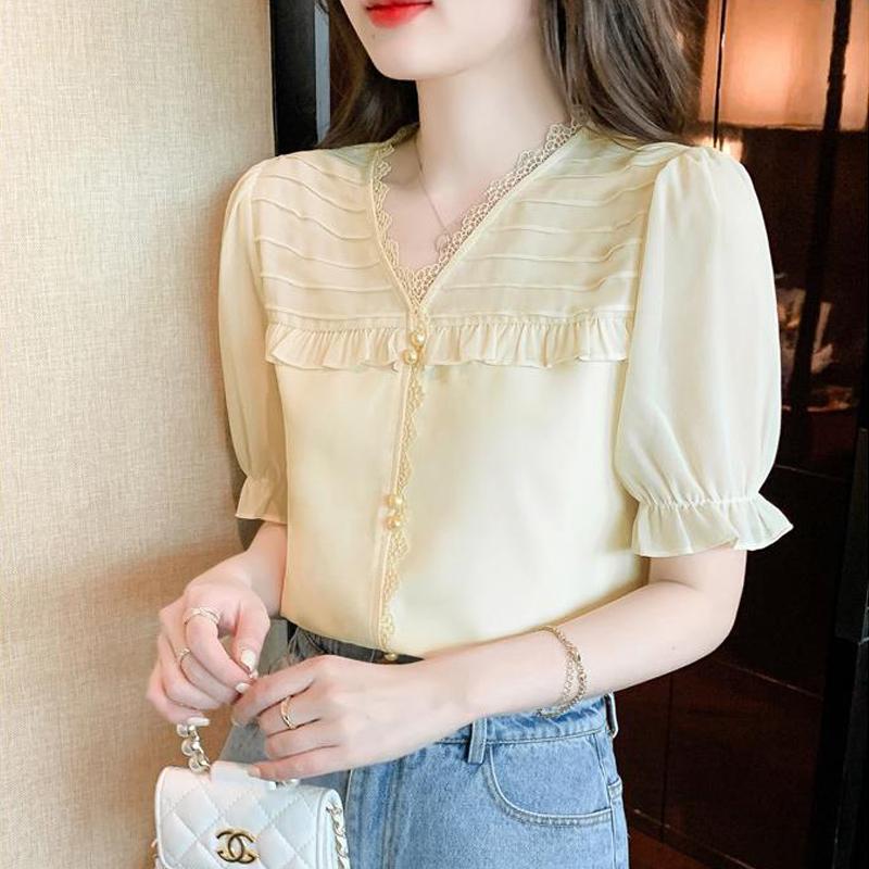Women's Clothing Summer Fashion Ruffle Lace Patchwork Blouse Elegant Sweet Chic Shirt Casual Solid V Neck Short Sleeve Tops