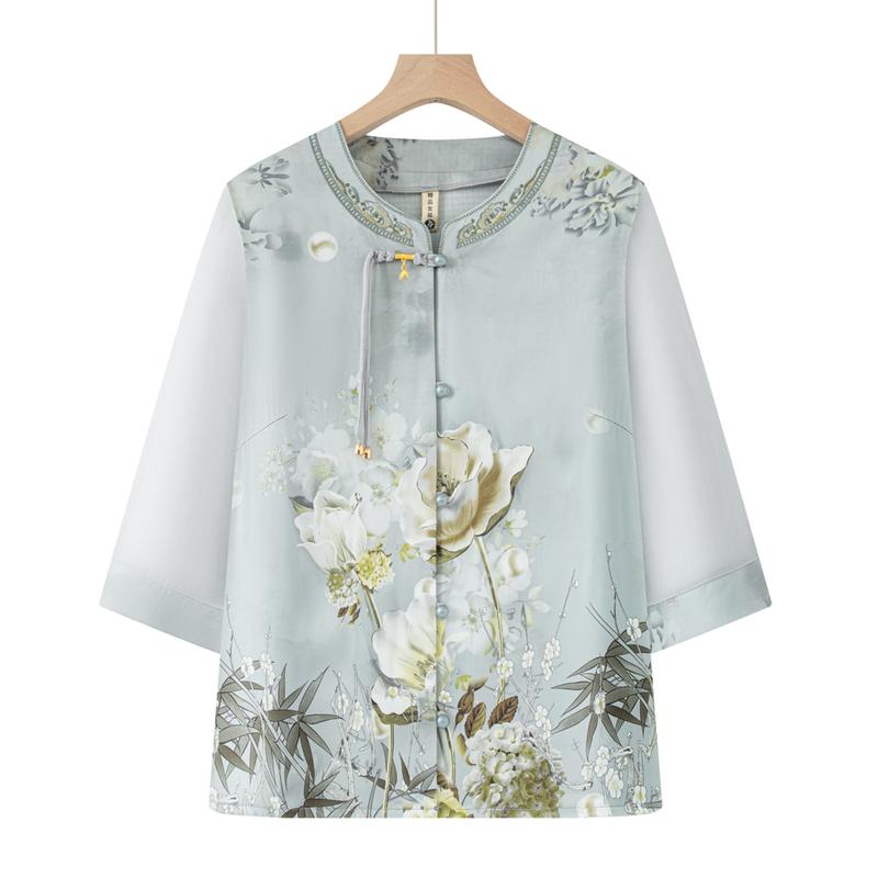 Women s New Chinese Style Floral Print Stand Collar Summer Shirt 2XL