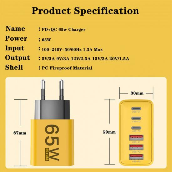 65W Multi Ports USB Type C Charger Fast Charging Phone Wall Adapter For iPhone Samsung Xiaomi EU/US/UK Plug Quick Charge Charger