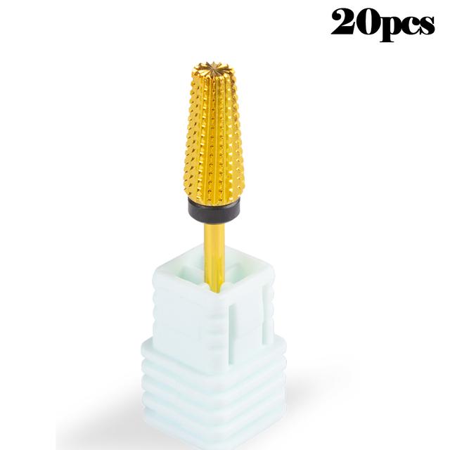 

20 шт. 5 в 1 конические сверла для ногтей из твердого сплава золота, двухсторонние твердосплавные сверла, аксессуары для фрез для маникюра, гель-лака