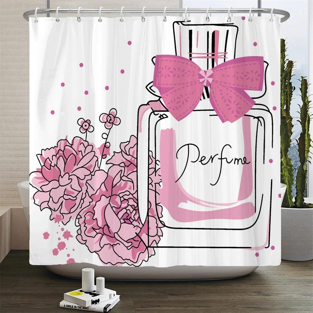 Perfume Bottle Flower Shower Curtain Set Black White Stripes Fashion Girl Woman Bathroom Decor Polyester Bath Curtains Hooks