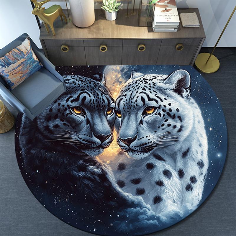 Snow Leopard Round Area Rug,Carpet Rug for Living Room Bedroom Sofa Playroom Decor,Non-slip Floor Mat
