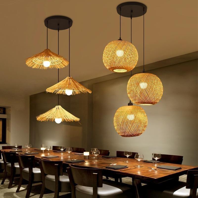 Bedroom Living Room Lantern Chandelier Stairs Retro Rattan Three-Head Hanging Light Bamboo Weaving Combination Creative Lamp