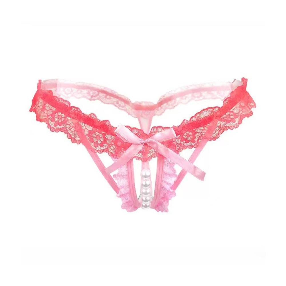 Open Crotch Lace Pearl Panties Low Waist See-through Thong Underwear for Women Ladies Girls