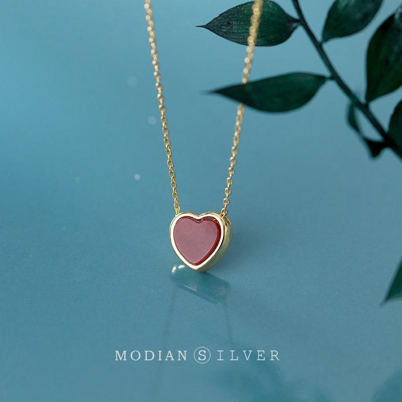 Modian New Arrive 925 Sterling Silver Red Lovely Hearts Pendant Necklace for Women Gold Color Necklace Fine Jewelry Accessories
