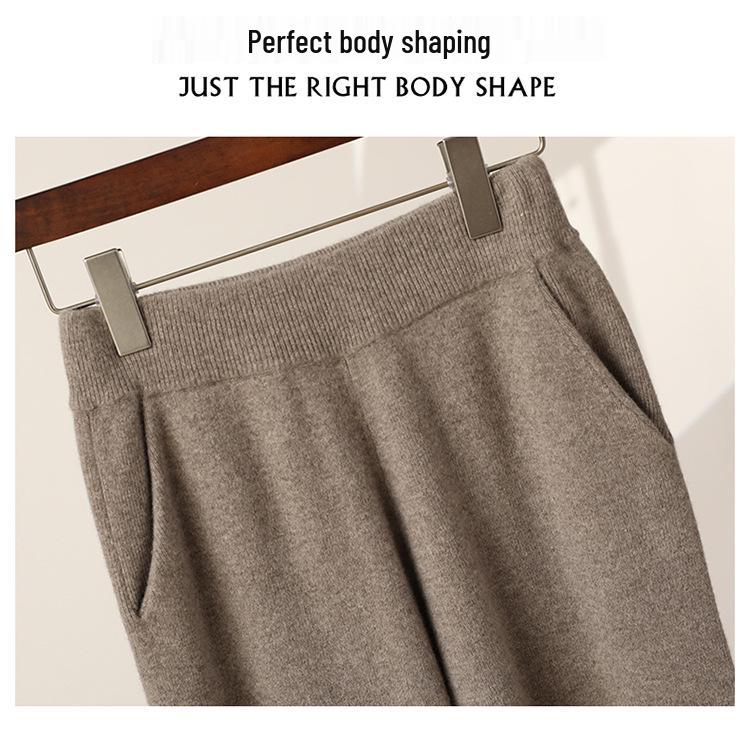Dámské vlněné pletené kalhoty se širokými nohavicemi - Zeštíhlující, Středový šev, Zesílené, Ležérní, Délka až na zem pro podzim a zimu