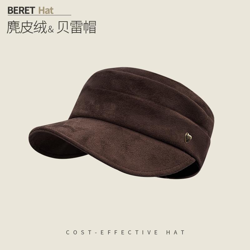 Round Label Pleated Suede Flat Top Equestrian Hat Women'S Season Warm Newsboy Hat Showing Face Ducktongue Beret