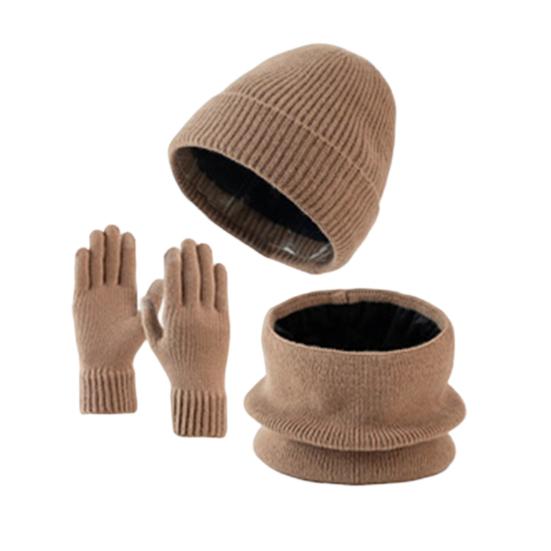 3Pcs/Set Winter Hat Scarf Gloves Set Solid Color Windproof Brimless Hat Neck Warmer Touch Screen Gloves Set
